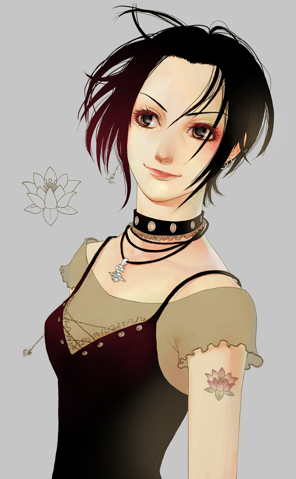 Added highlights of her eyes. dark hair with pink highlights. Added highlights of her eyes.